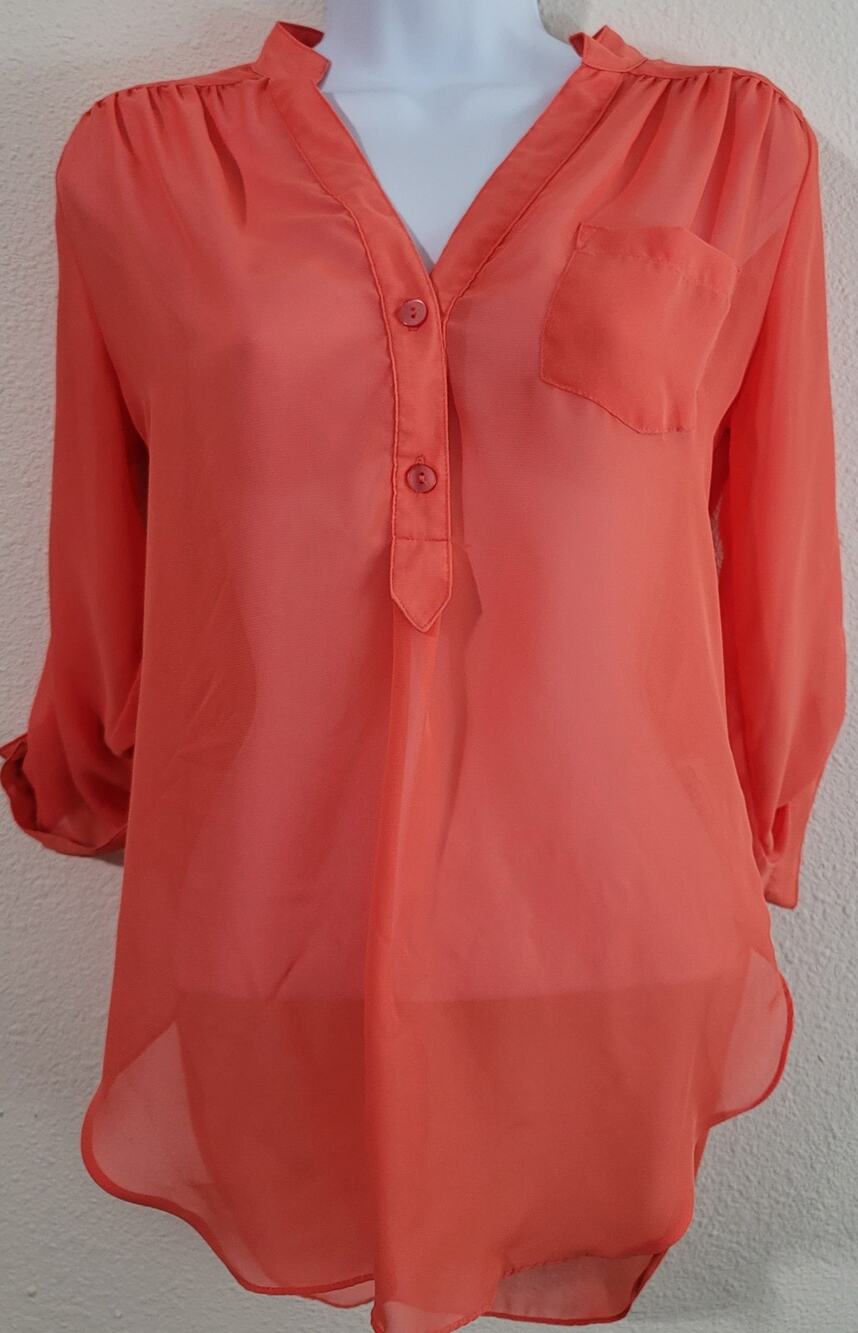 By & By Orange Deep V-Neck 2 Button Closure Sheer Top Small Long Roll Tab Sleeve